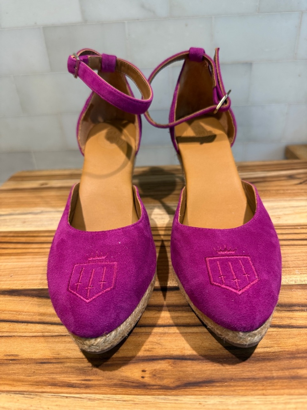 Fairfax & Favor Fuchsia Suede Wedge Espadrilles with Ankle Strap - Picture 5 of 10